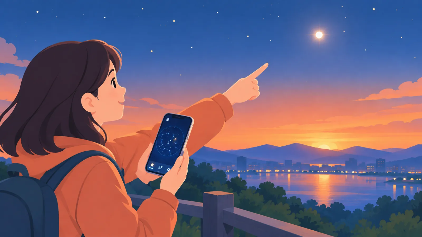 Pessoa apontando para um planeta no céu enquanto confere o mapa no celular