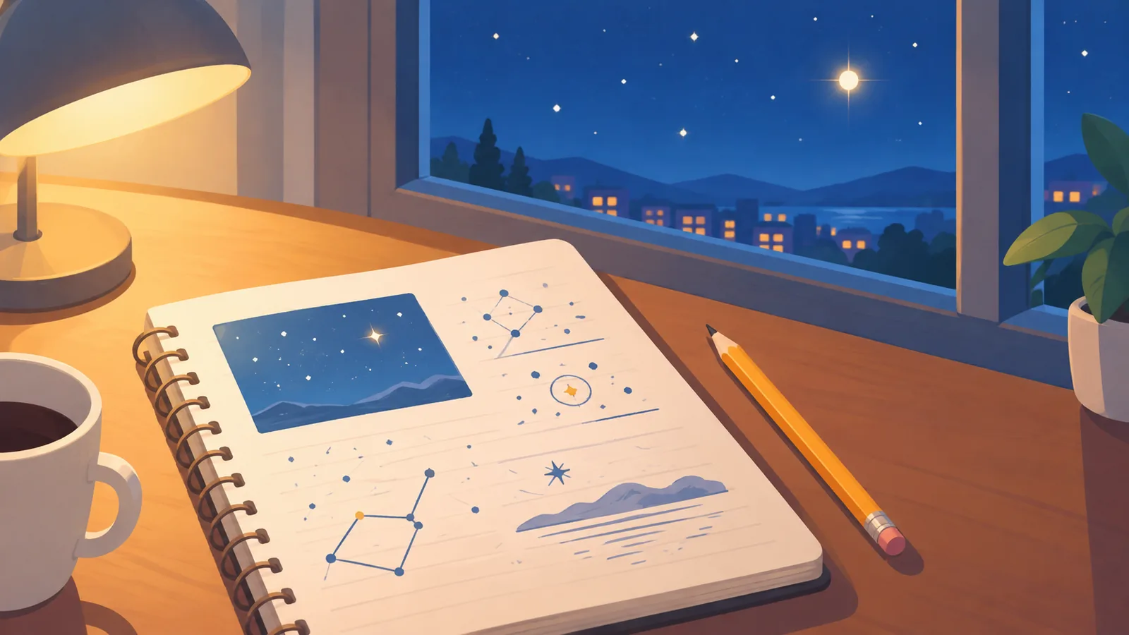 Caderno com anotações das posições de um planeta em várias noites