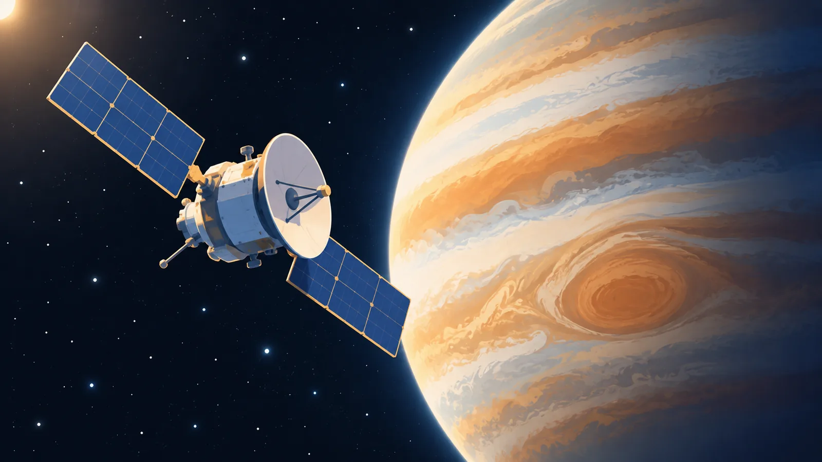 Sonda espacial passando perto de um planeta gasoso
