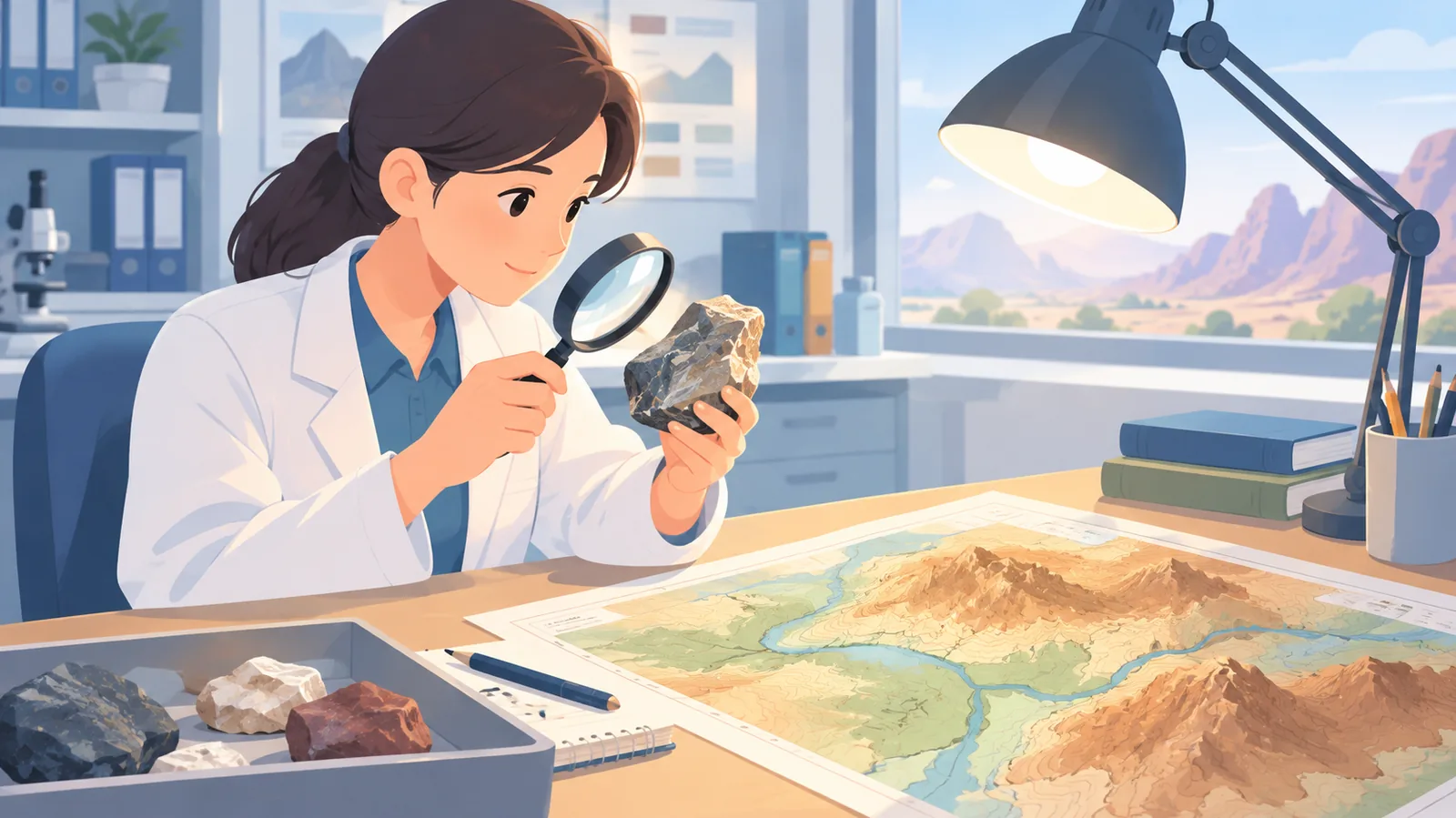 Pesquisador analisando uma amostra de rocha ao lado de um mapa de relevo