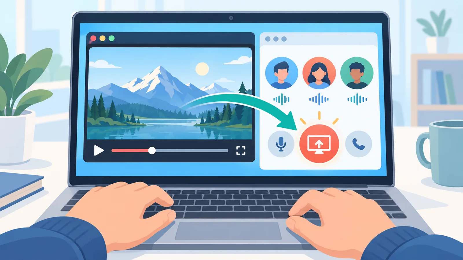 Notebook com o player de filme aberto ao lado do botão de compartilhar tela do Discord