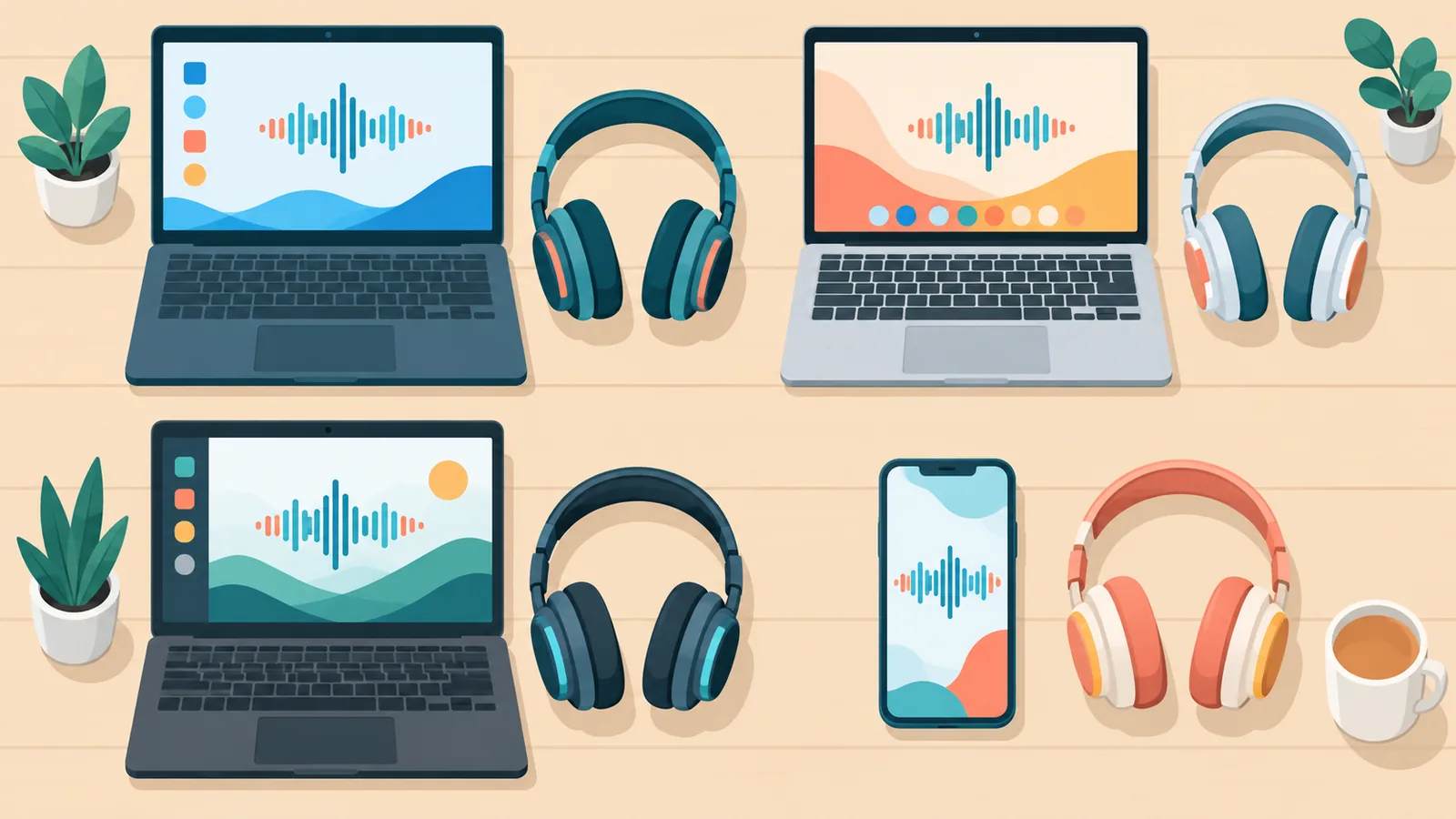 Notebooks com Windows, macOS e Linux e um celular sobre uma mesa de madeira