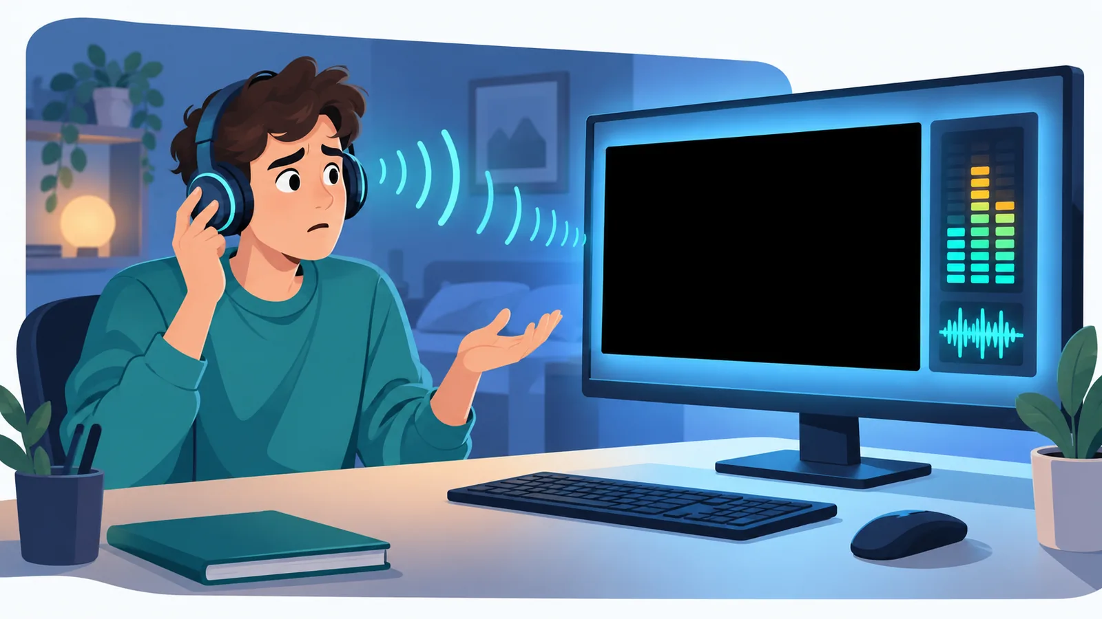 Jovem de fones de ouvido confuso diante de um monitor com área de vídeo preta e som funcionando