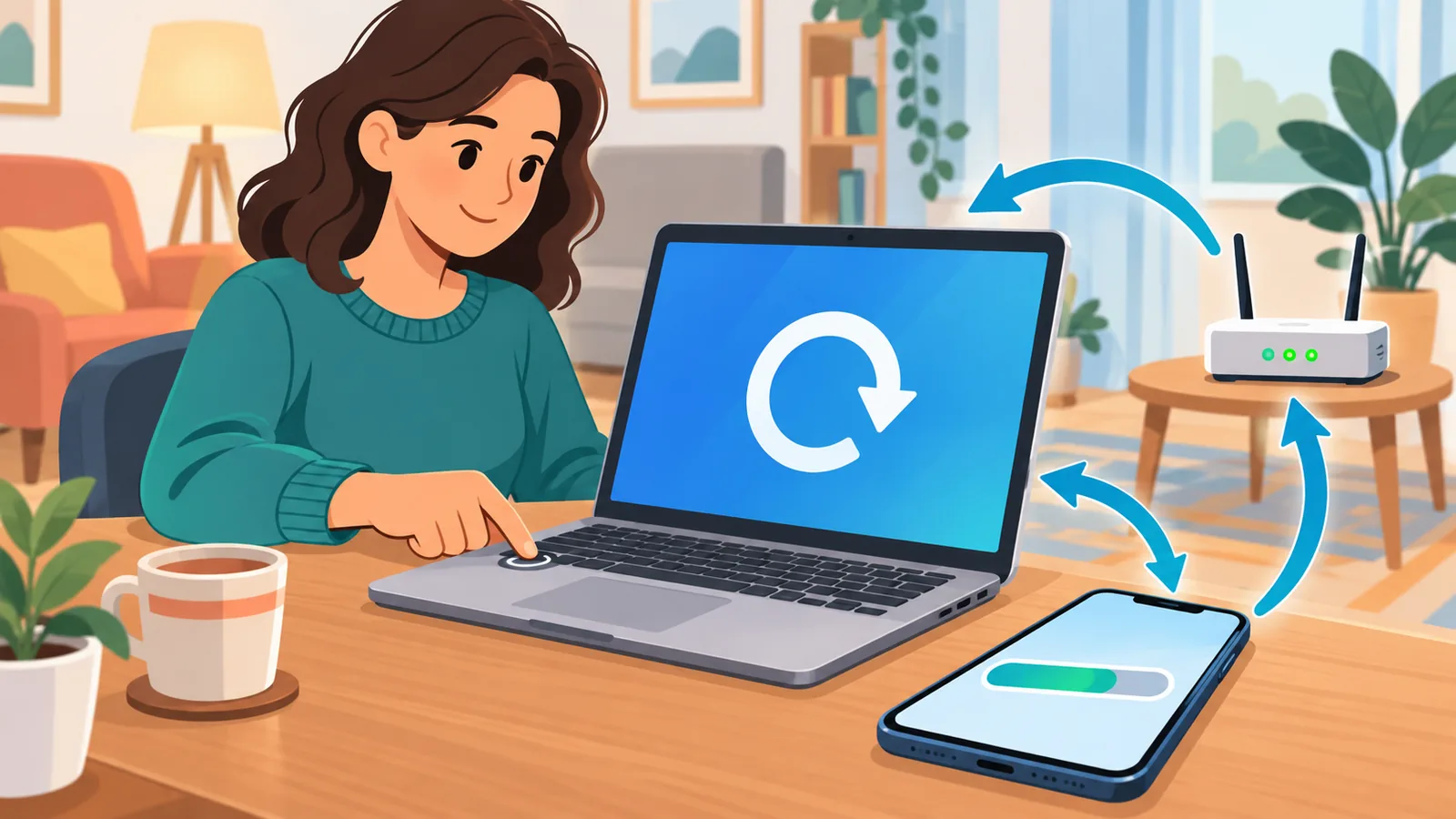 Notebook sendo reiniciado ao lado de um roteador Wi-Fi e de um celular atualizando um aplicativo