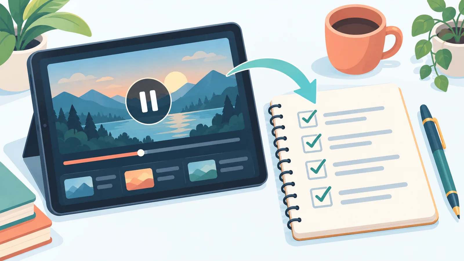 Tablet com um aplicativo de streaming de vídeo escuro ao lado de um caderno com lista de verificação