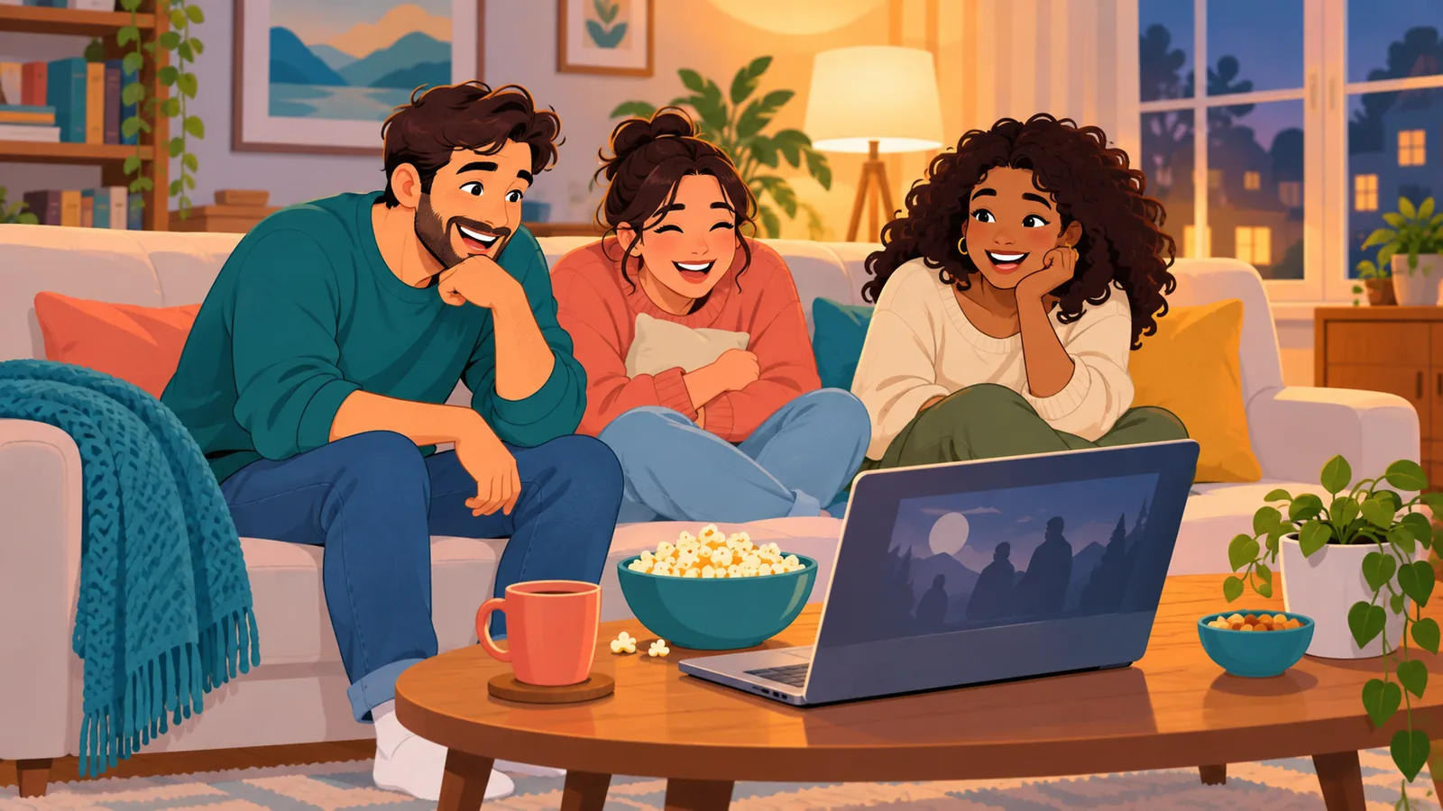 Três amigos rindo no sofá enquanto assistem a um filme no notebook