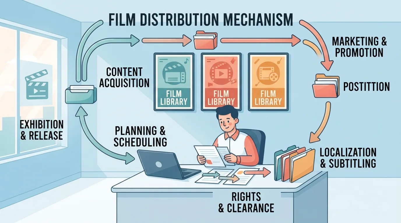 Escritório de distribuidora com cartazes de filmes