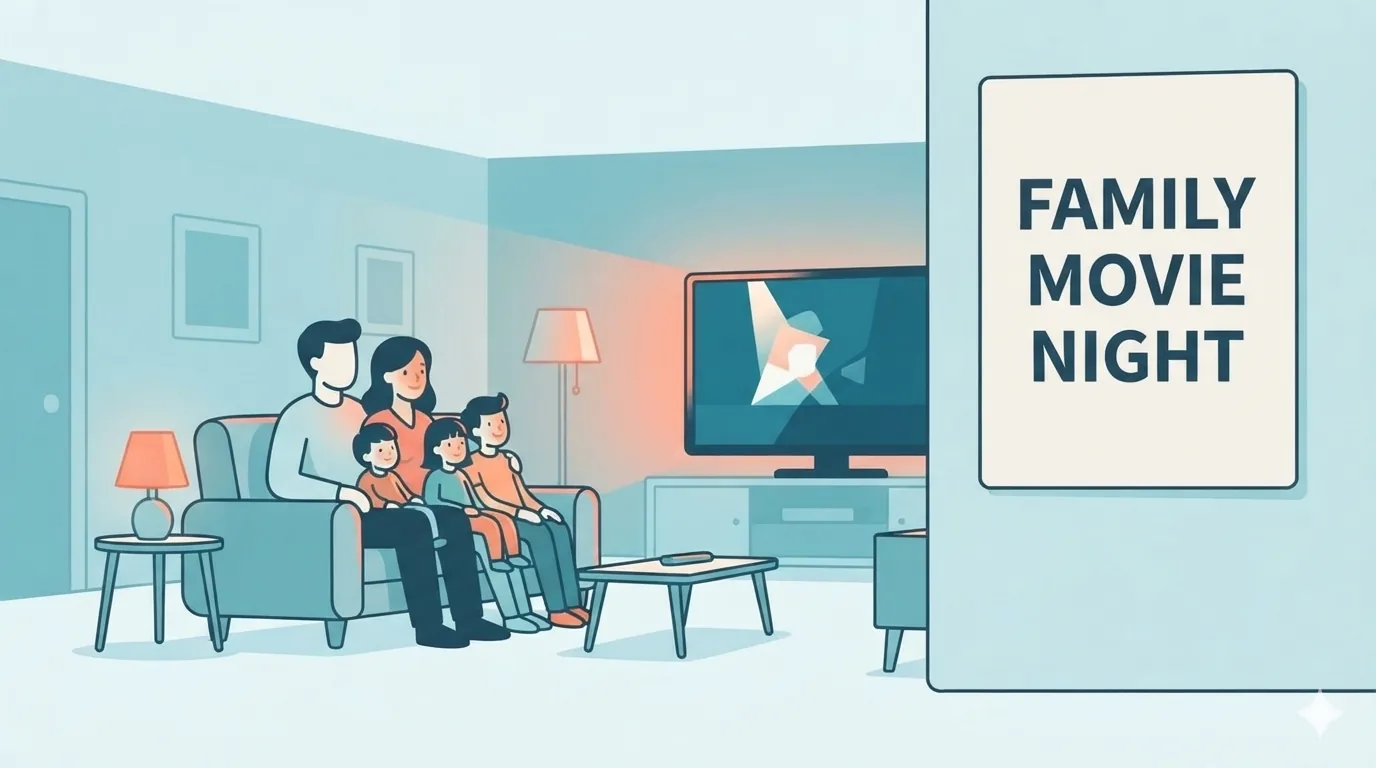 Família assistindo a um filme em streaming na sala de casa