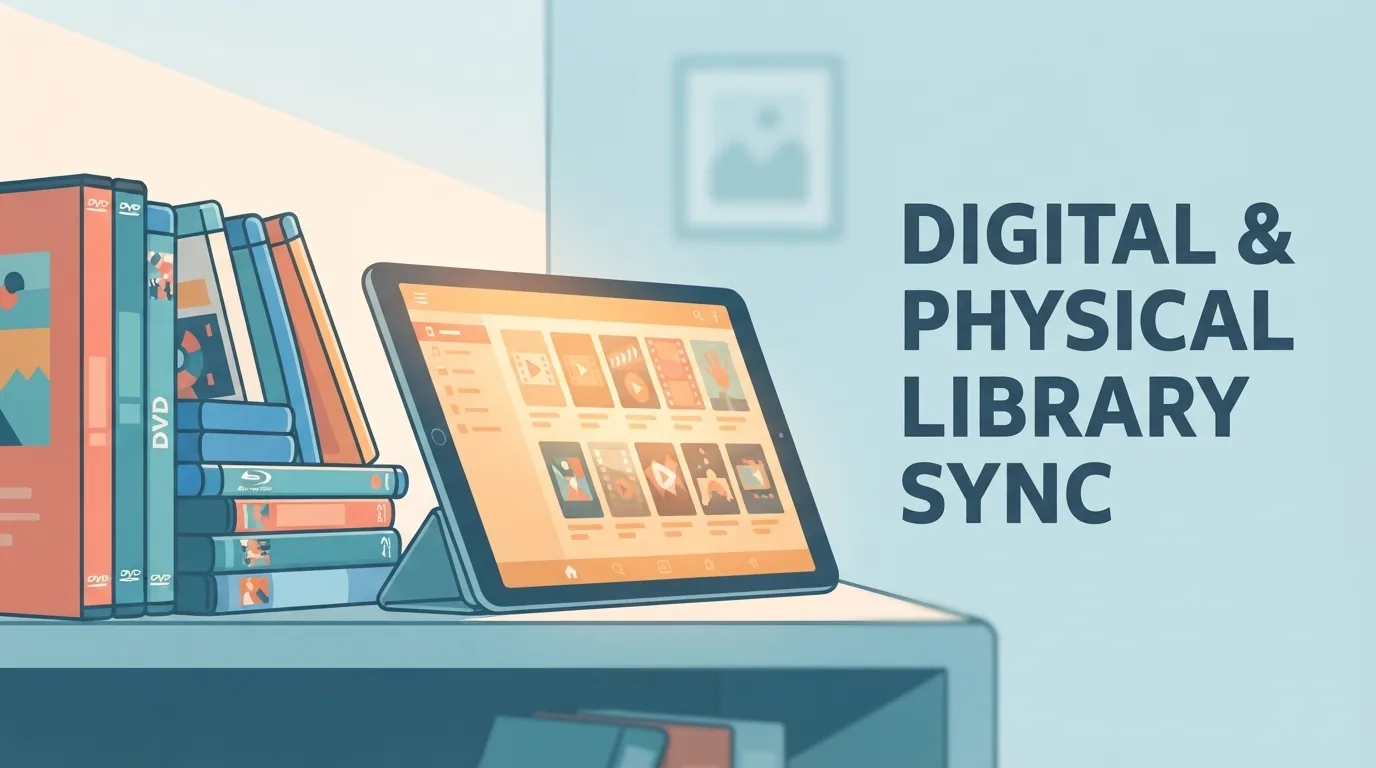 Estante com discos de filmes ao lado de um tablet com biblioteca digital