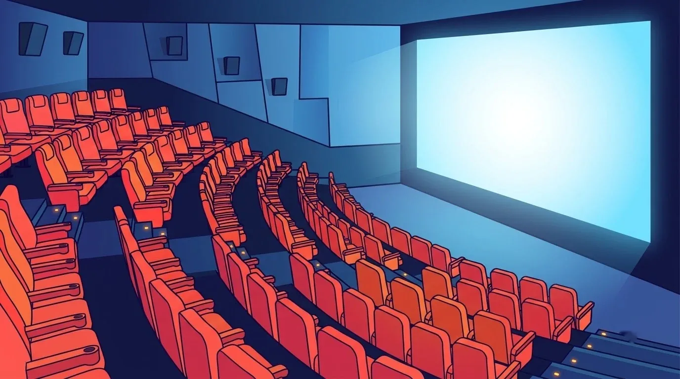 Sala de cinema vazia com a tela iluminada
