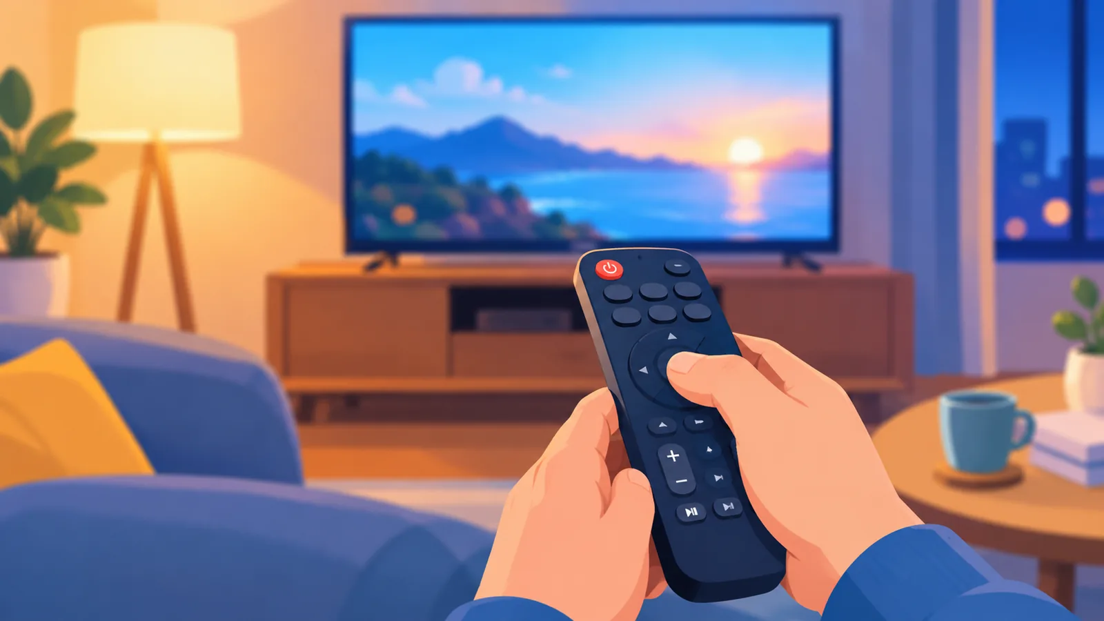 Sala de estar aconchegante à noite com televisão ligada e mãos segurando o controle remoto