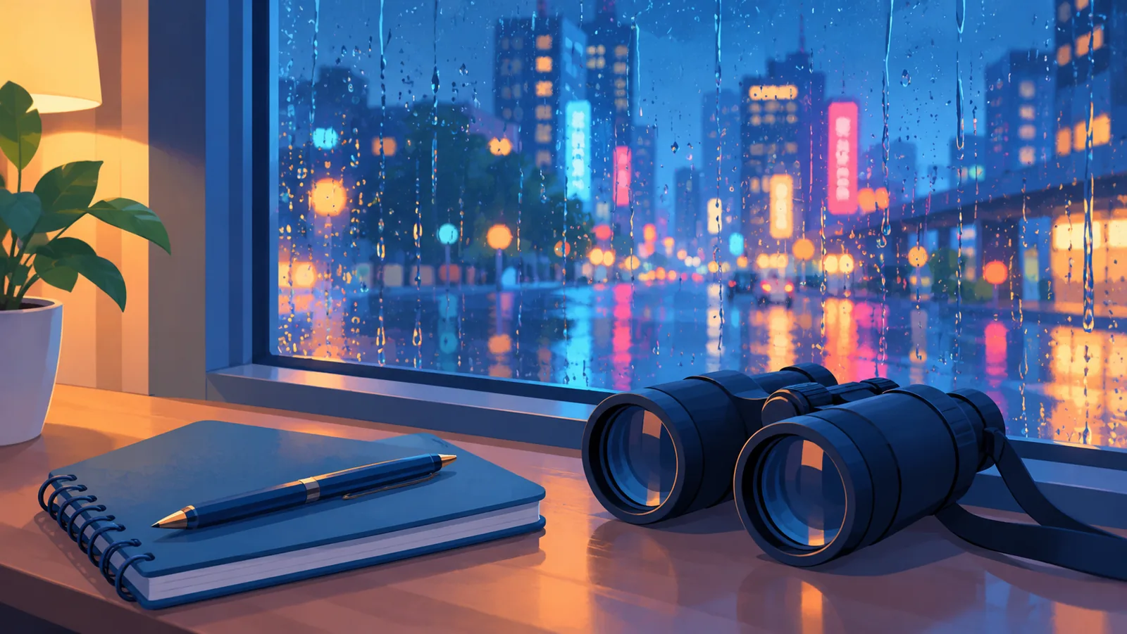 Janela com chuva e luzes de neon desfocadas, com caderno e binóculos no parapeito