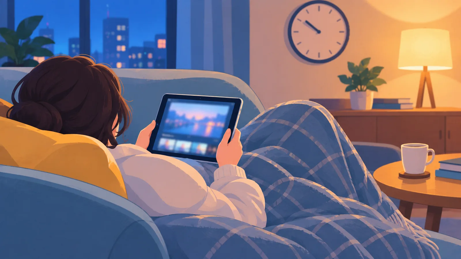 Pessoa no sofá sob uma manta com um tablet, em clima tranquilo de fim de noite