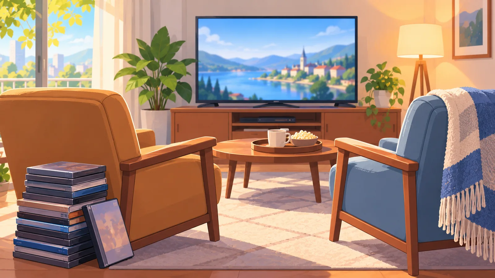 Duas poltronas vazias diante da televisão em uma sala tranquila