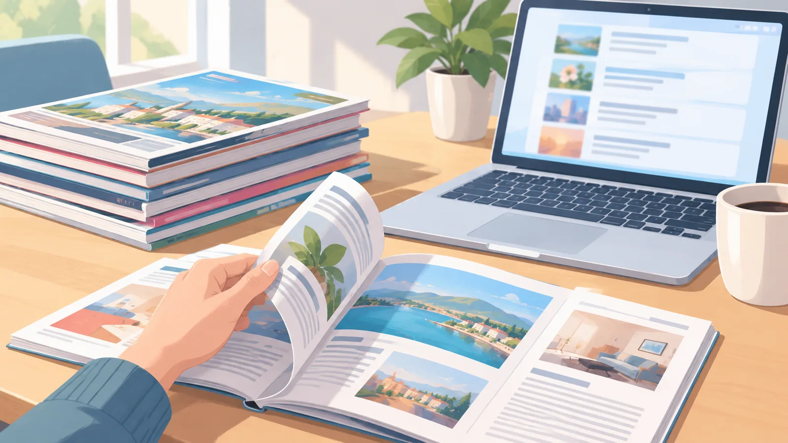 Revistas e notebook abertos sobre uma mesa com listas desfocadas e uma mão virando a página
