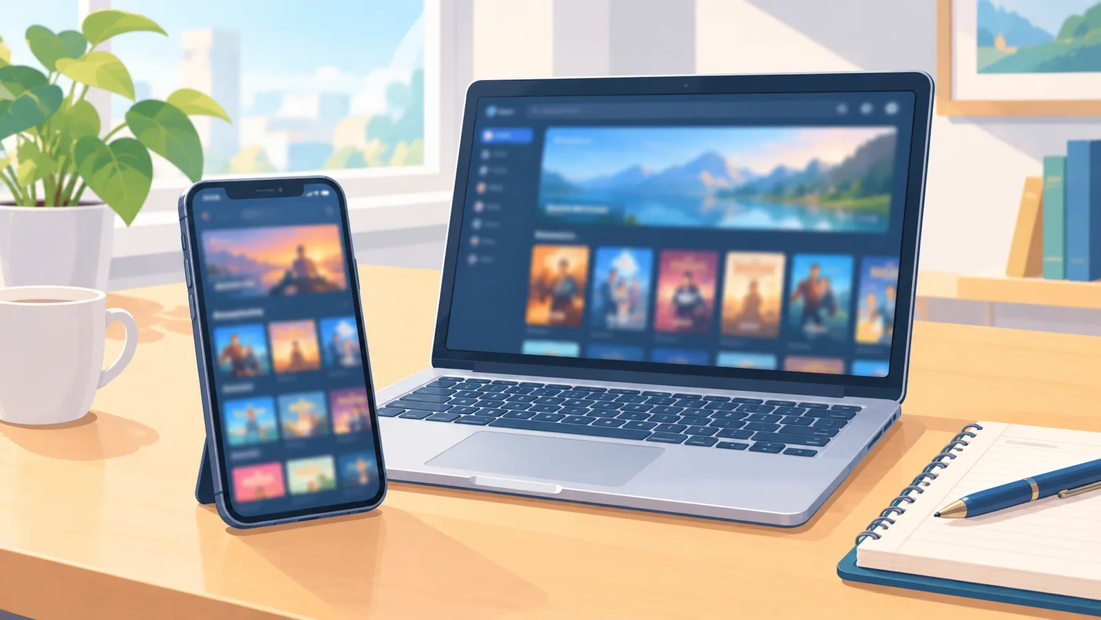 Celular e notebook lado a lado com menus desfocados e um bloco de notas