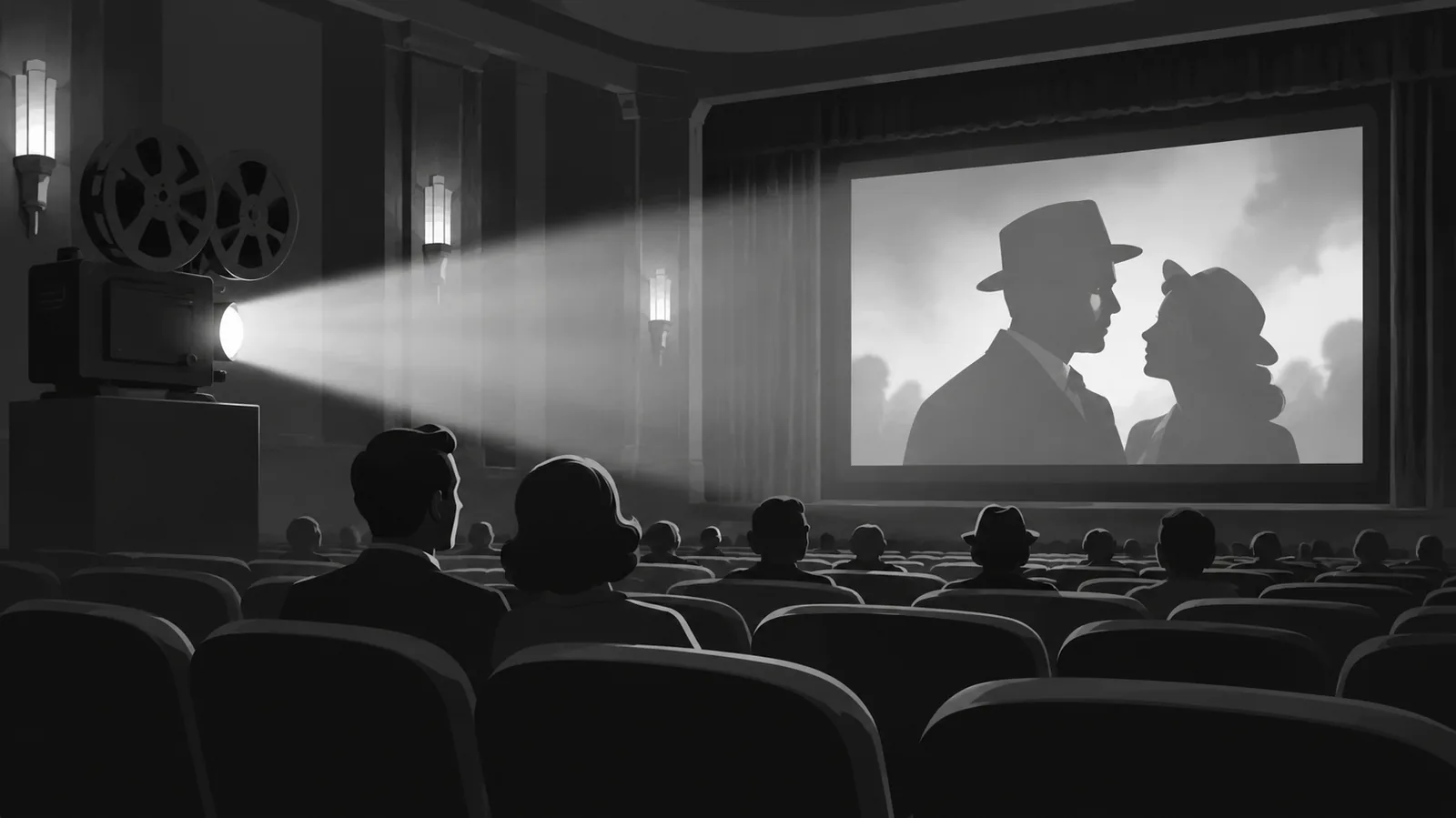 Sala de cinema antiga com feixe de luz do projetor