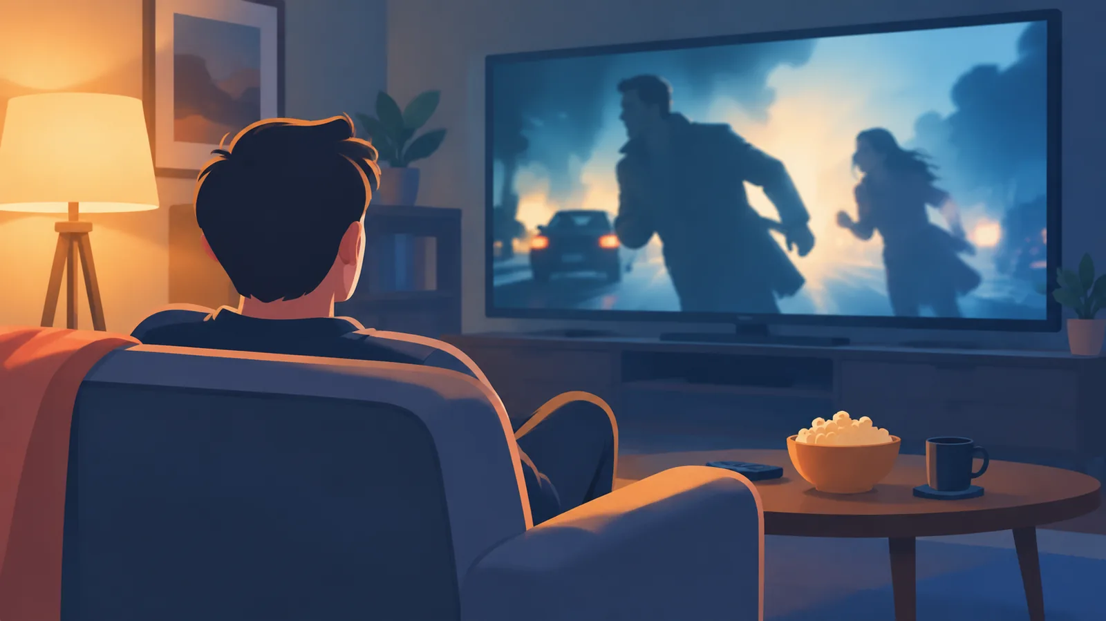 Pessoa assistindo a um drama em uma sala de estar à noite
