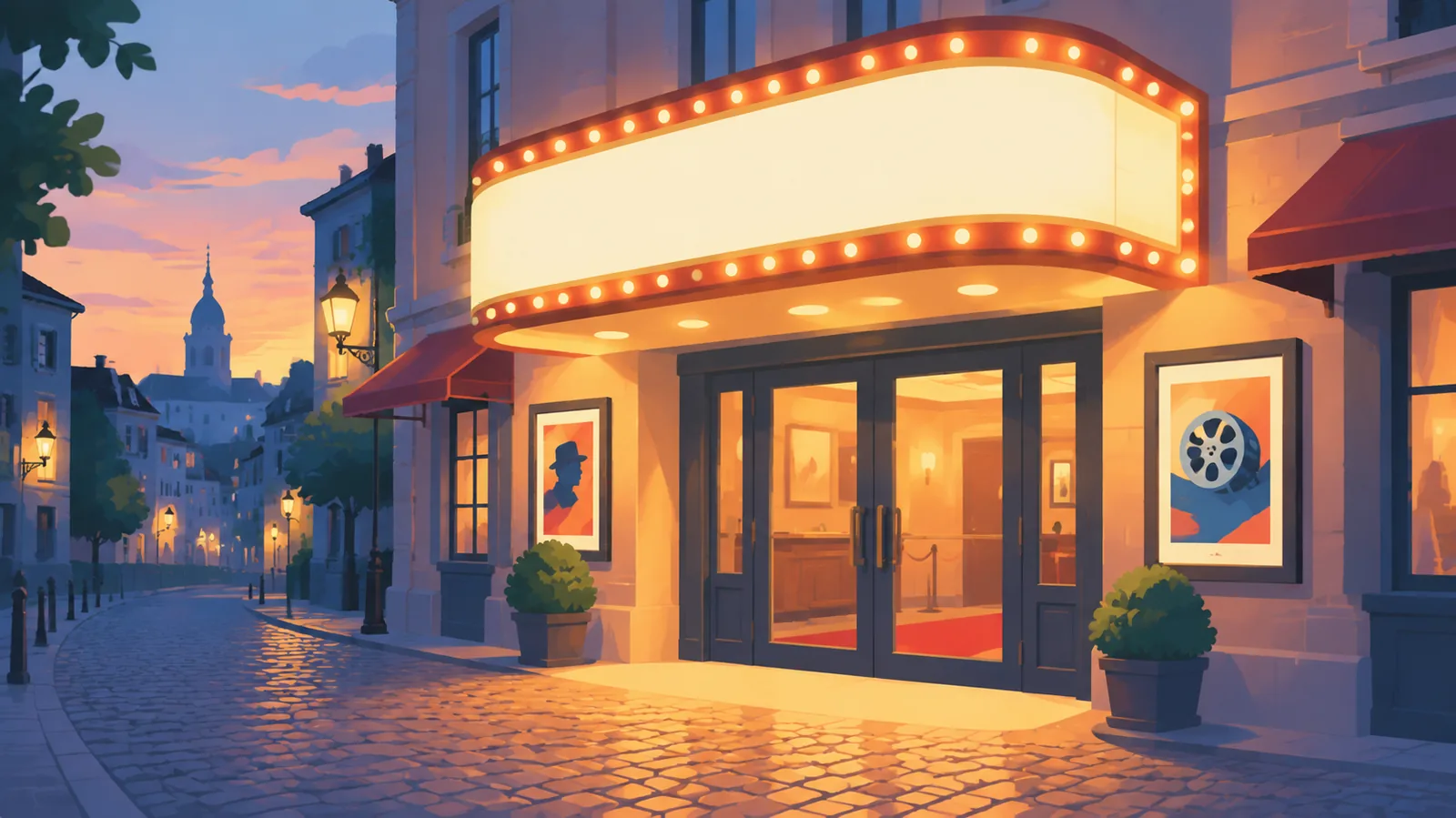 Entrada de um pequeno cinema de rua ao entardecer
