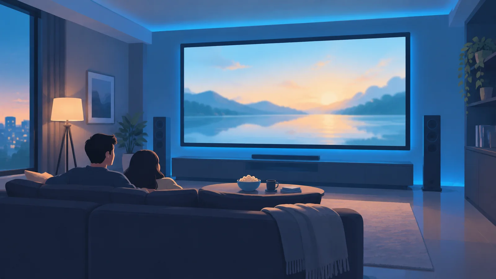 Sala de cinema em casa com tela ampla e iluminação suave