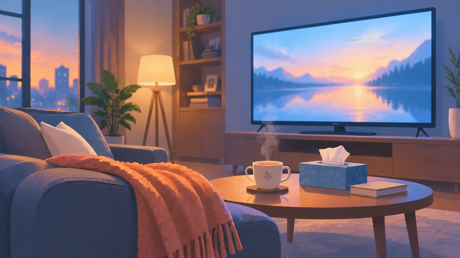 Sofá aconchegante com manta e chá para uma noite de filme emocionante