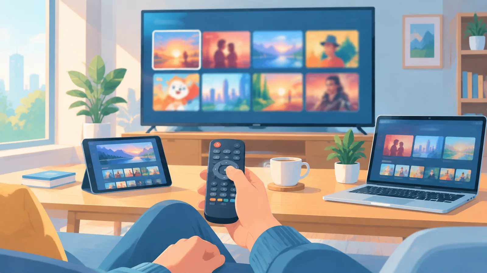Mãos com controle remoto escolhendo um filme no catálogo de streaming