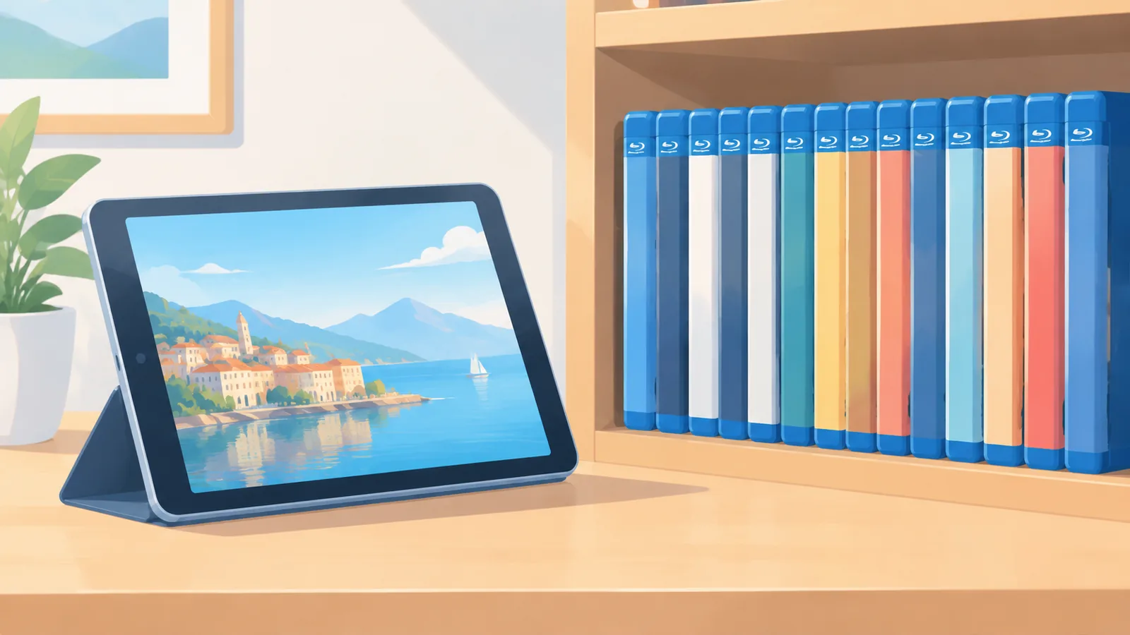 Tablet ao lado de uma estante com filmes em mídia física