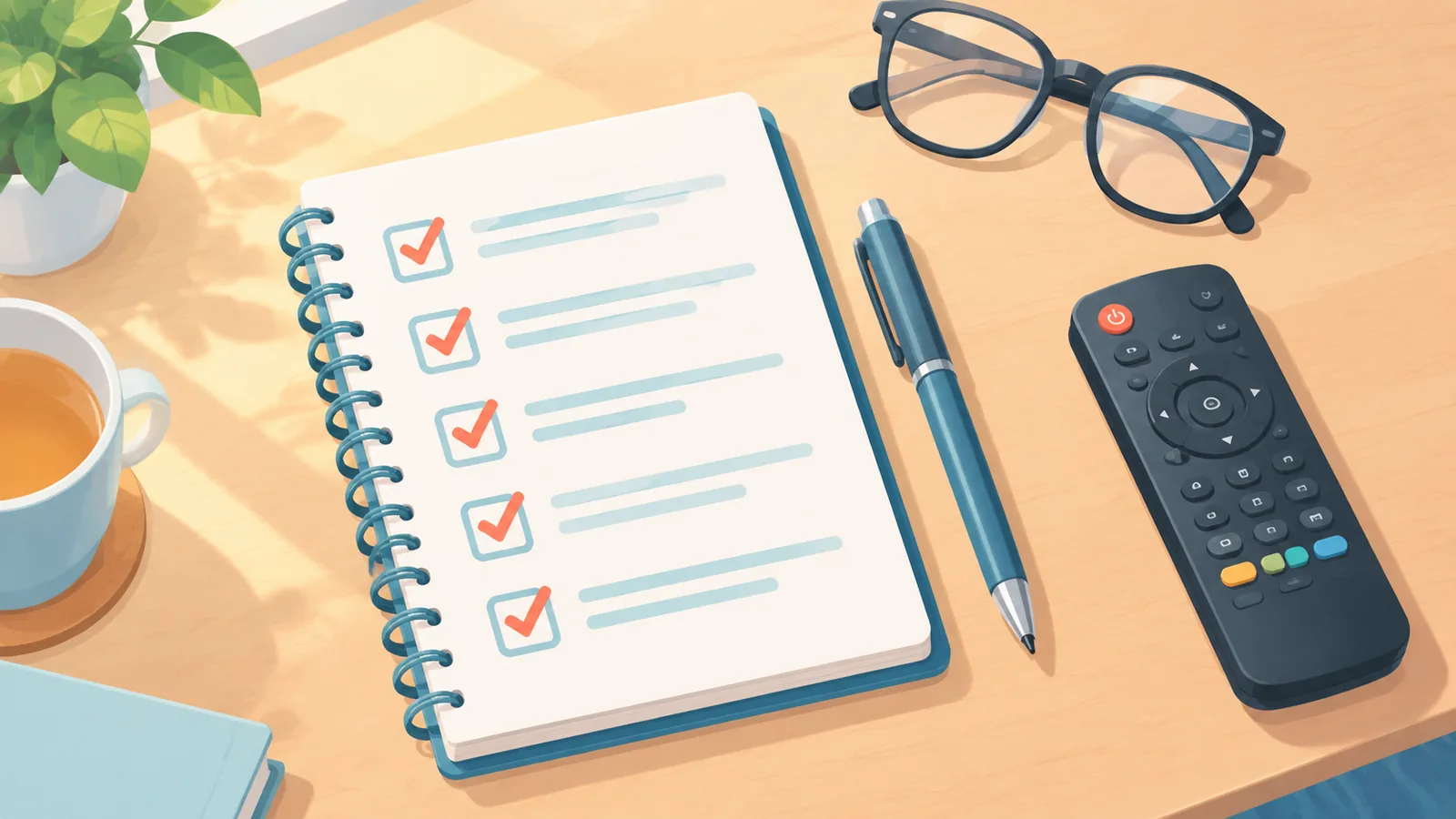 Caderno com lista de verificação antes de escolher um filme