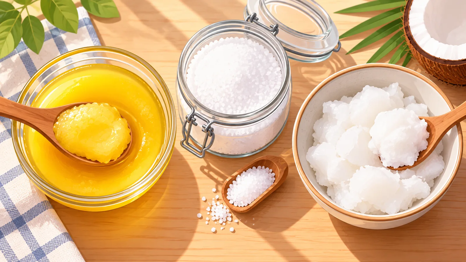 Ghee, sal fino e óleo de coco sobre uma mesa de madeira clara