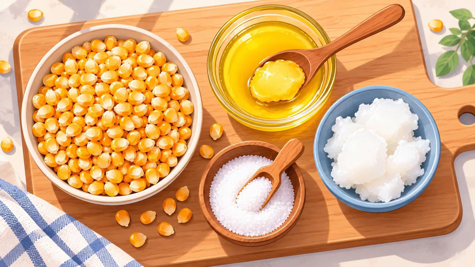 Ingredientes medidos para a pipoca sobre uma tábua de madeira