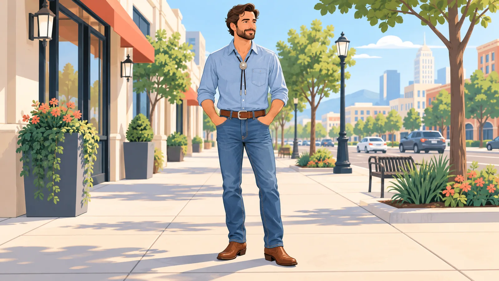Look casual com camisa chambray, jeans, cinto de couro e botas