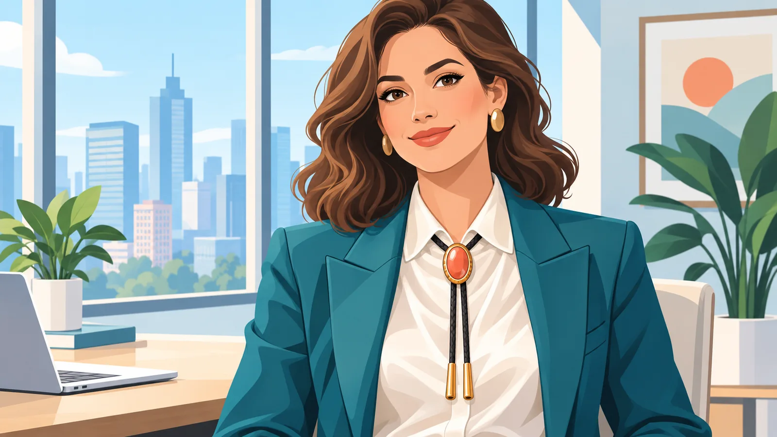 Mulher usando gravata bolo com blusa e blazer