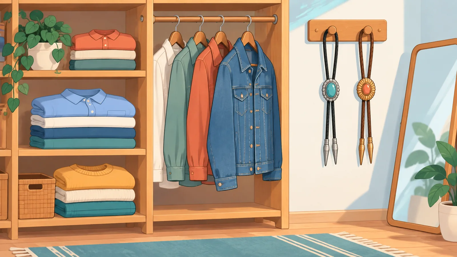 Cantinho do guarda-roupa com camisas e gravatas bolo organizadas