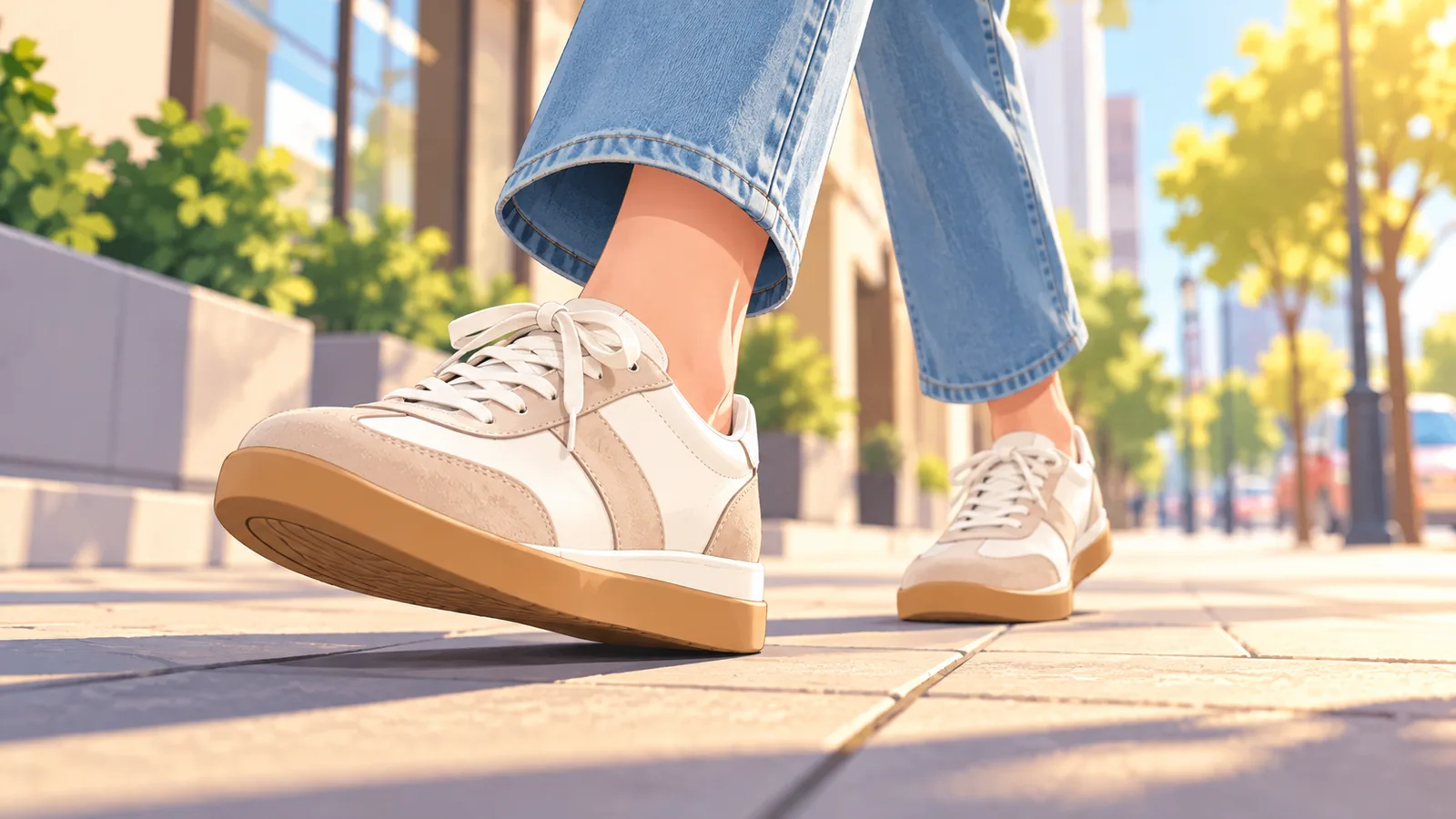 Tênis de perfil baixo de couro e camurça com jeans em calçada urbana