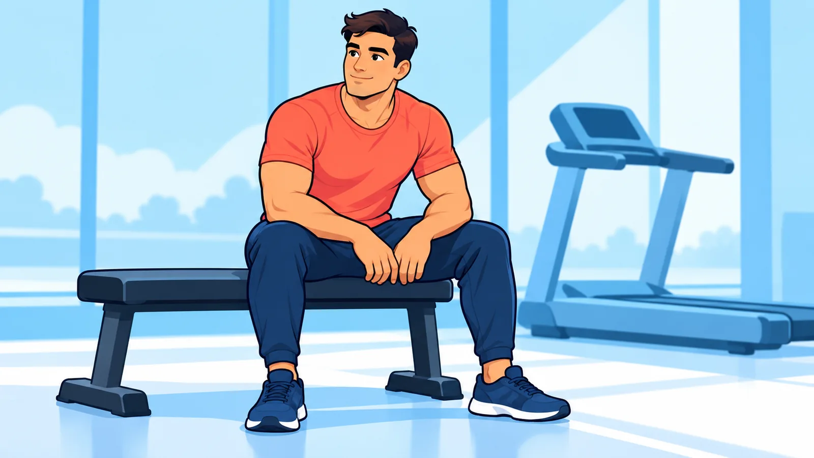 Praticante de musculação descansando entre séries em uma academia, com esteira ao fundo