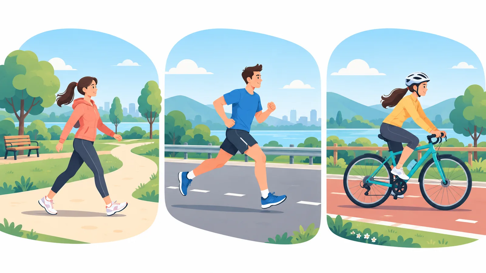 Três opções de cardio: caminhada, corrida e bicicleta ao ar livre