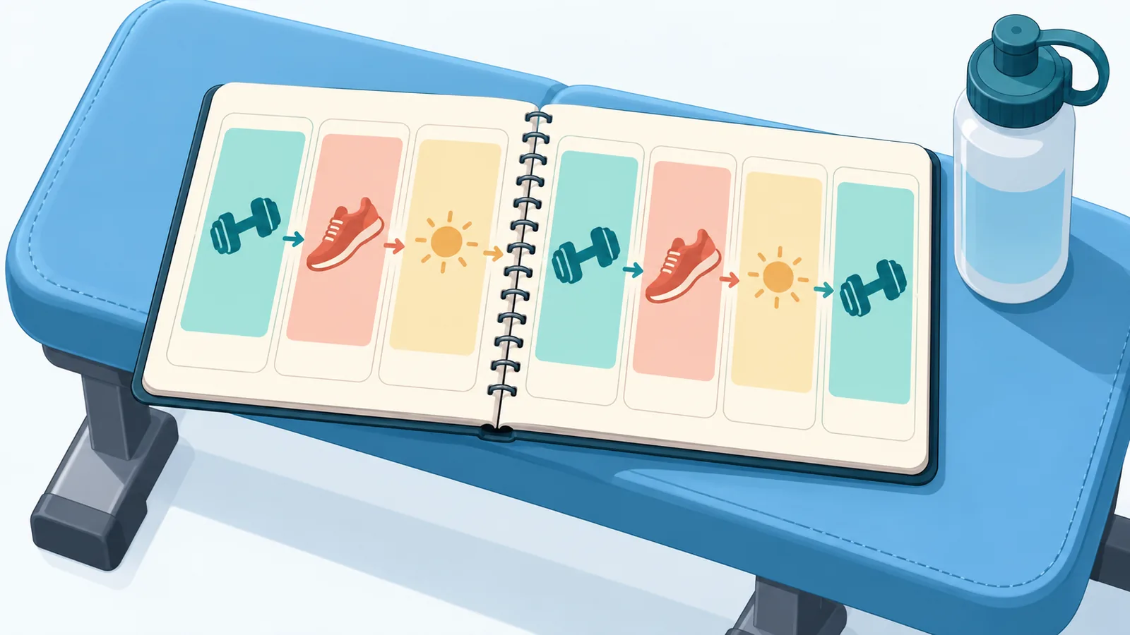 Agenda semanal com treinos de força e cardio marcados em cores diferentes