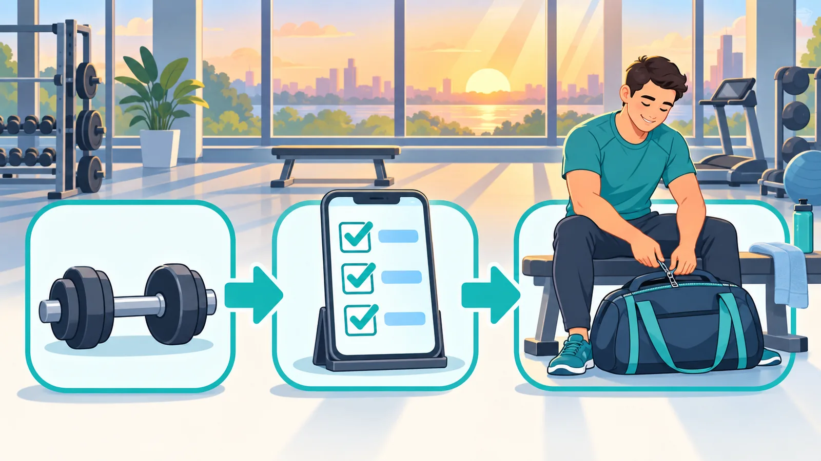 Pessoa fechando a bolsa de treino ao final da sessão, com um checklist semanal no celular