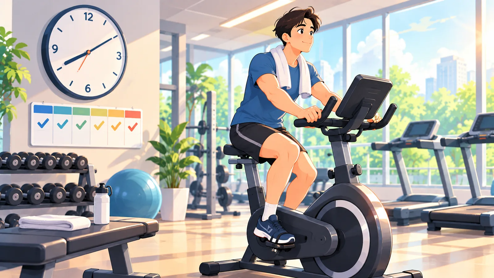 Pessoa pedalando em bicicleta ergométrica em uma academia tranquila