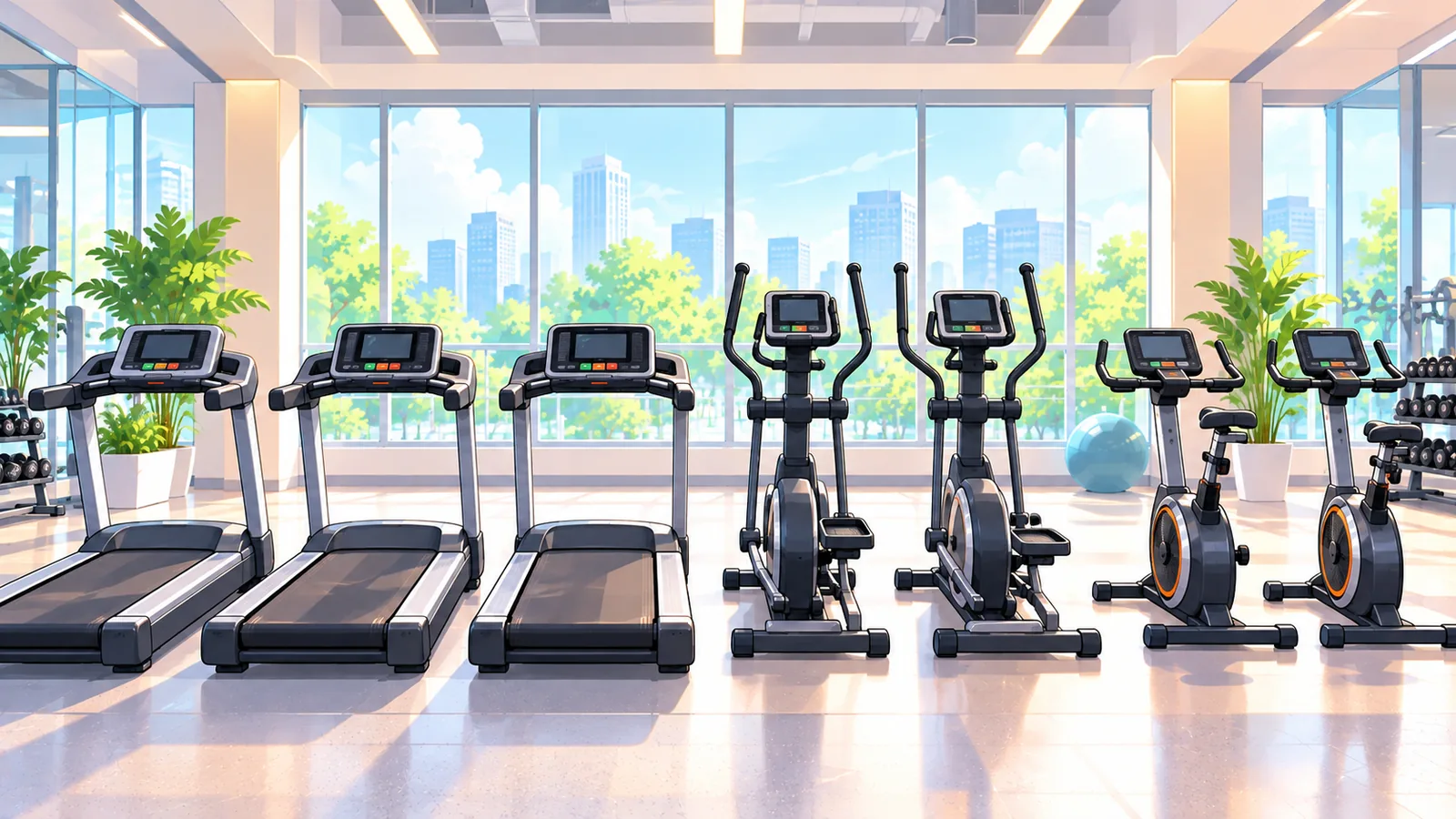 Fileira de aparelhos de cardio em uma academia organizada