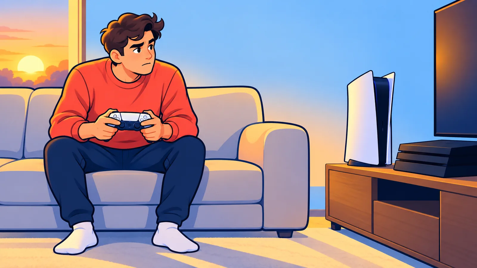 Pessoa na sala com controle de PS5, com um PS5 e um PS4 ao lado da TV