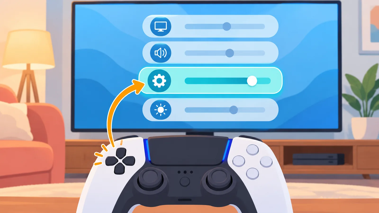 Menu de configurações na TV sendo navegado com o controle do PS5
