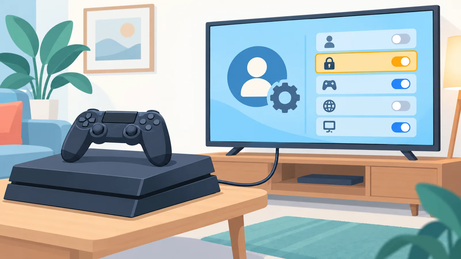 PS4 ao lado de uma TV mostrando a tela de gerenciamento de conta