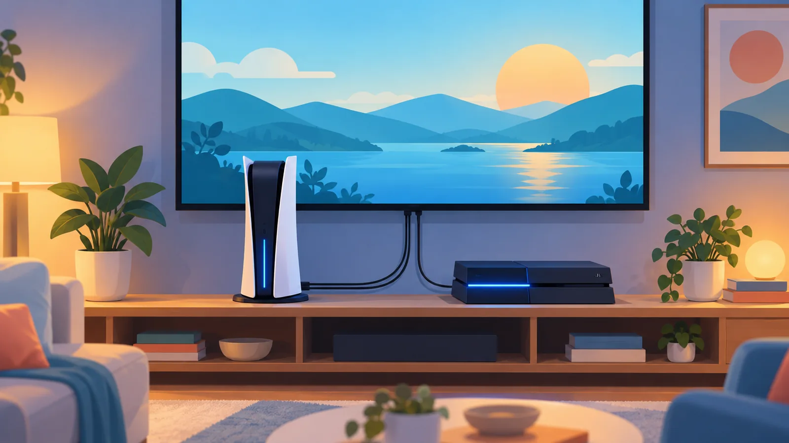 PS5 e PS4 lado a lado, ligados, em uma estante sob a TV