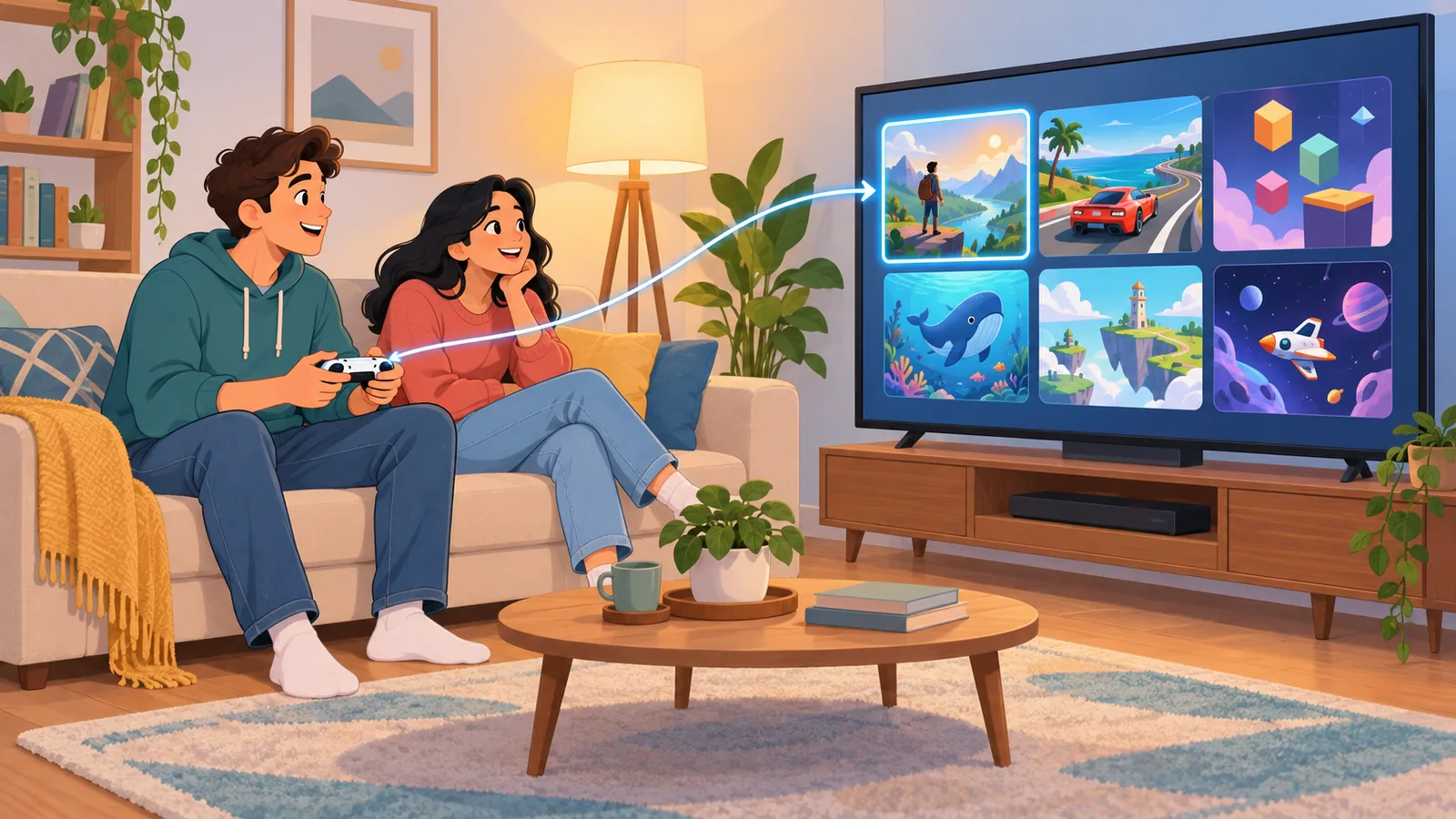 Dois amigos no sofá diante de uma TV com a biblioteca de jogos