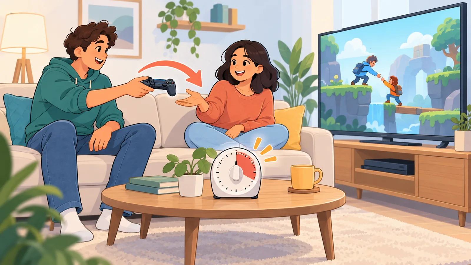 Amigos jogando juntos em uma sessão com um cronômetro sobre a mesa