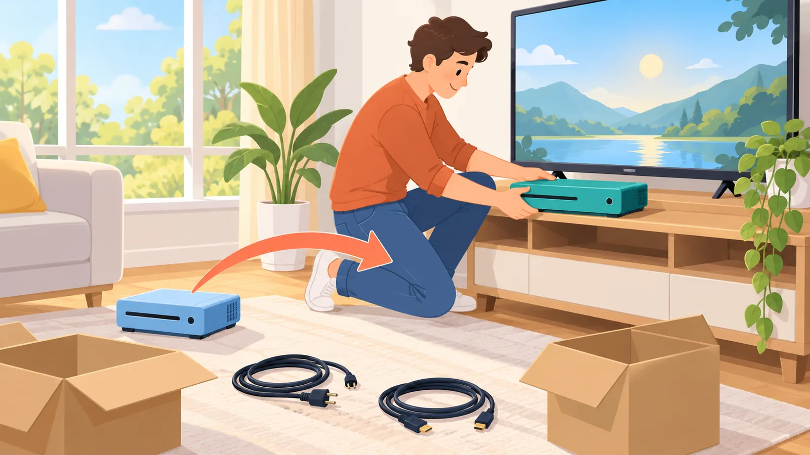 Pessoa trocando um console antigo por um novo na estante da TV