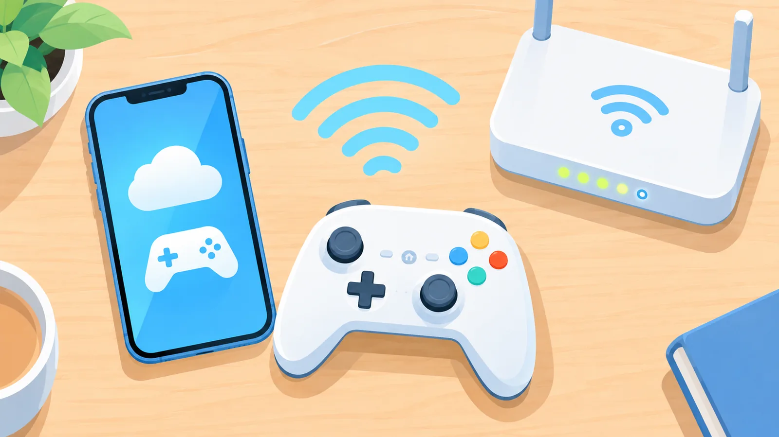 iPhone, controle e roteador Wi-Fi organizados sobre uma mesa