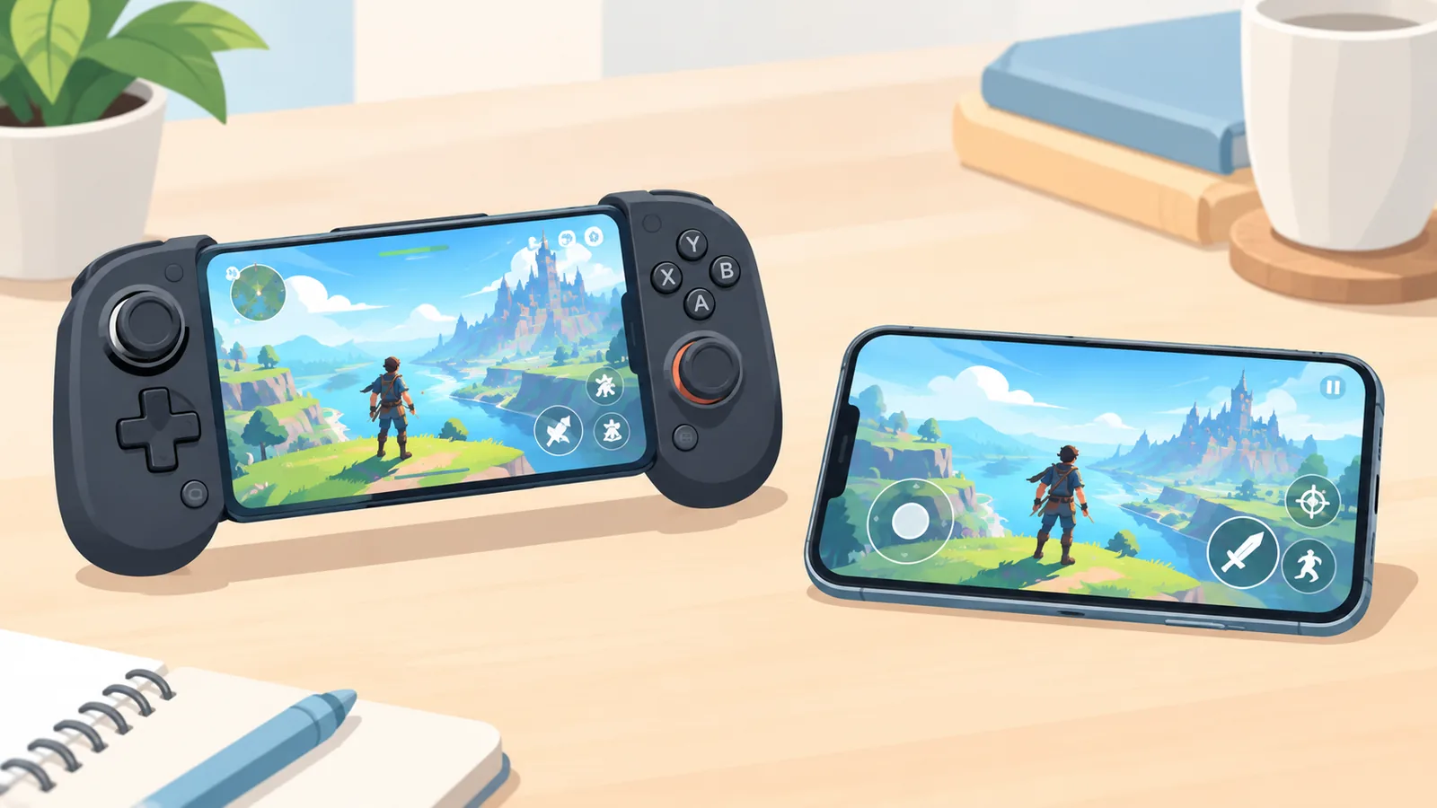 Controle sem fio ao lado de um iPhone com controles de toque na tela