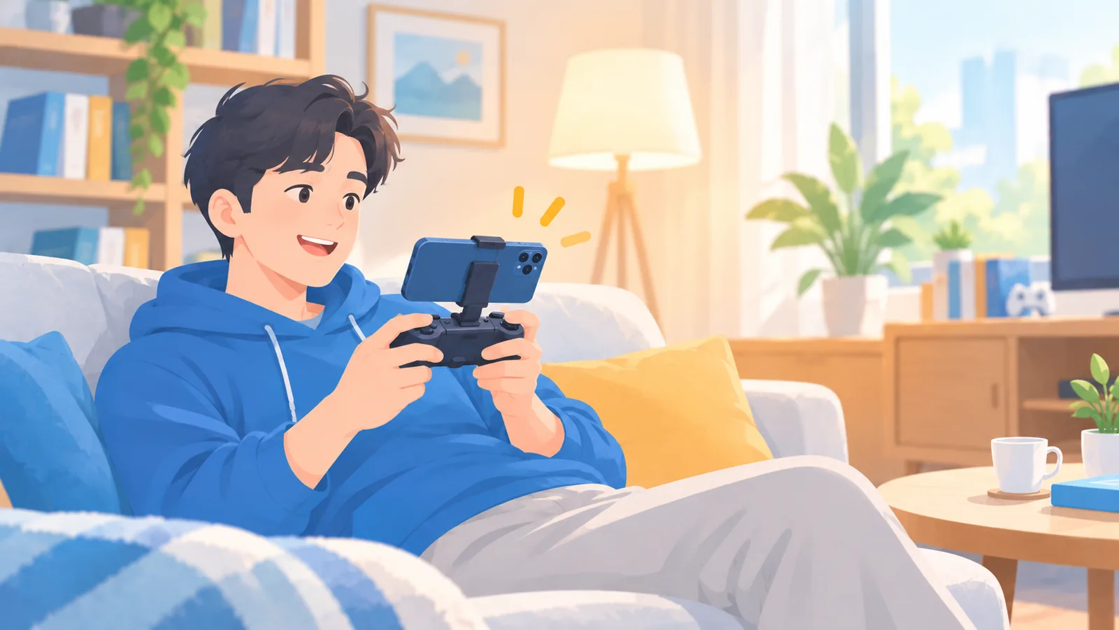 Jogador satisfeito jogando no iPhone com um controle